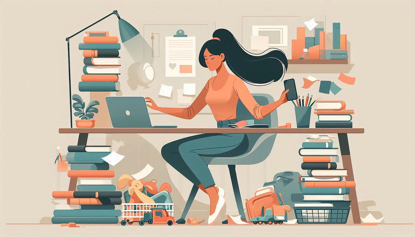 A modern flat illustration of a tan-skinned woman with long black hair in a ponytail sitting at a cluttered work desk in a home office. She is surrounded by stacks of books, scattered papers, multiple phones, kids’ toys, and an open laptop, with a minimal background emphasizing a chaotic, overwhelming workspace. A modern flat illustration of a tan-skinned woman with long black hair in a ponytail sitting at a cluttered work desk in a home office. She is surrounded by stacks of books, scattered papers, multiple phones, kids’ toys, and an open laptop, with a minimal background emphasizing a chaotic, overwhelming workspace.