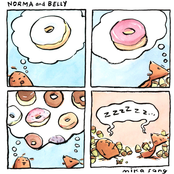 Norma and Belly, two brown squirrels, are dreaming about being surrounded by donuts. In real life, they are surrounded by acorns.