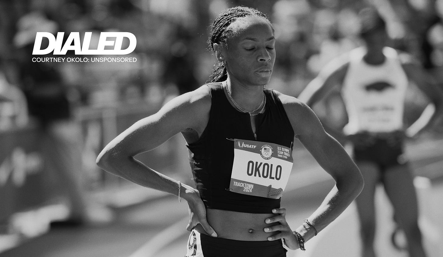 Black and white photo of a track athlete named Okolo at the U.S. Olympic Team Trials.