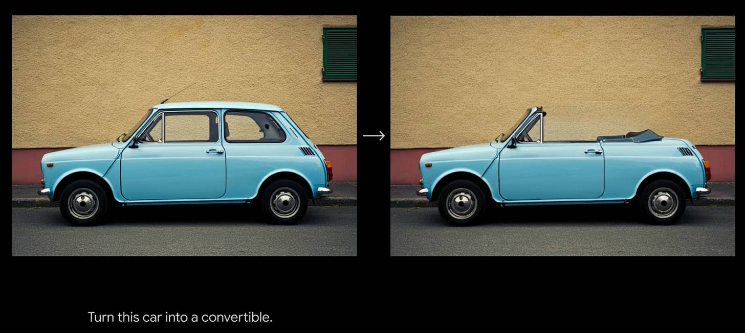 On teh left a photo of a mini. A prompt says Turn this car into a convertible and ond the right is that car but now as a convertible.