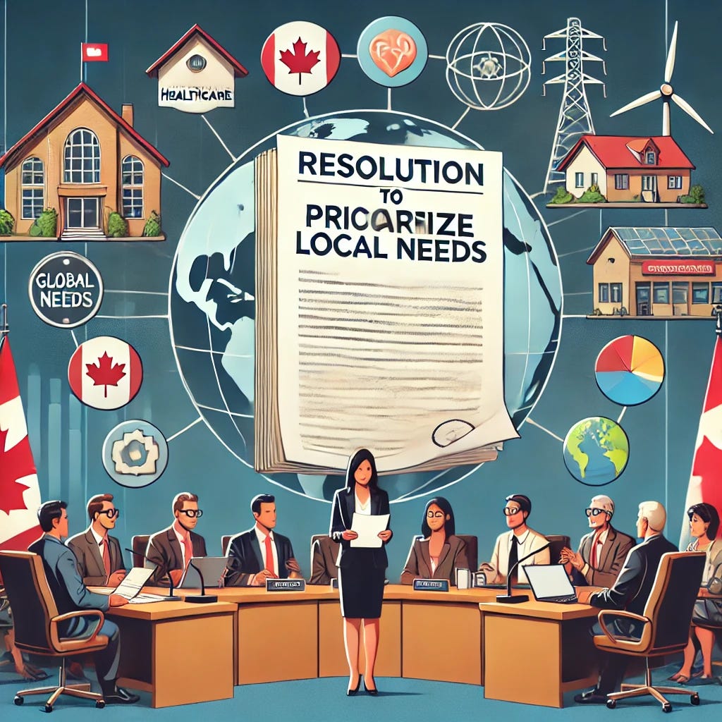 An image depicting a Canadian municipal council passing a resolution focused on balancing local needs with global sustainability goals. The scene should show council members in a meeting room, with one member presenting a document titled 'Resolution to Prioritize Local Needs.' The background features symbols of local priorities, like housing, healthcare, and community development, contrasted with global sustainability symbols like wind turbines, solar panels, and a globe. The colors should be realistic, with a focus on the contrast between the local and global elements, emphasizing the decision-making process in balancing these priorities.