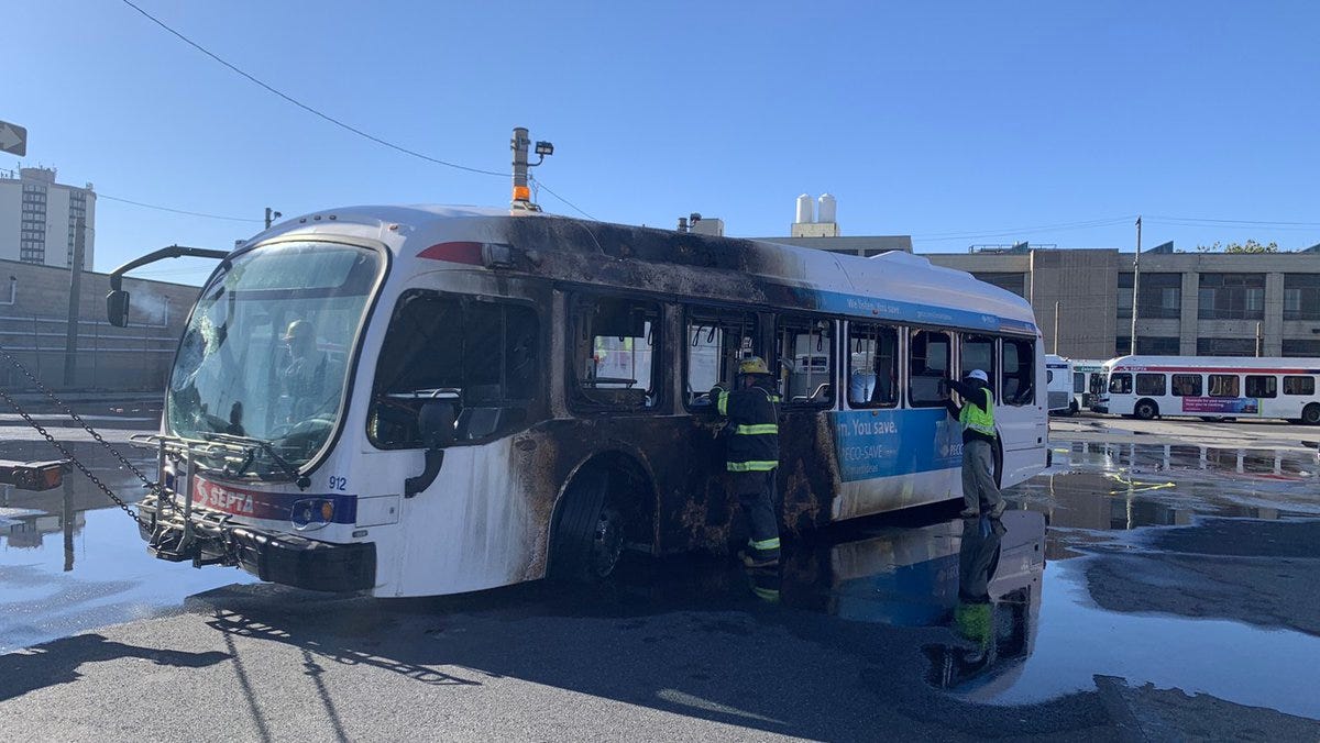 An electric bus battery caught fire in a South Philly SEPTA depot