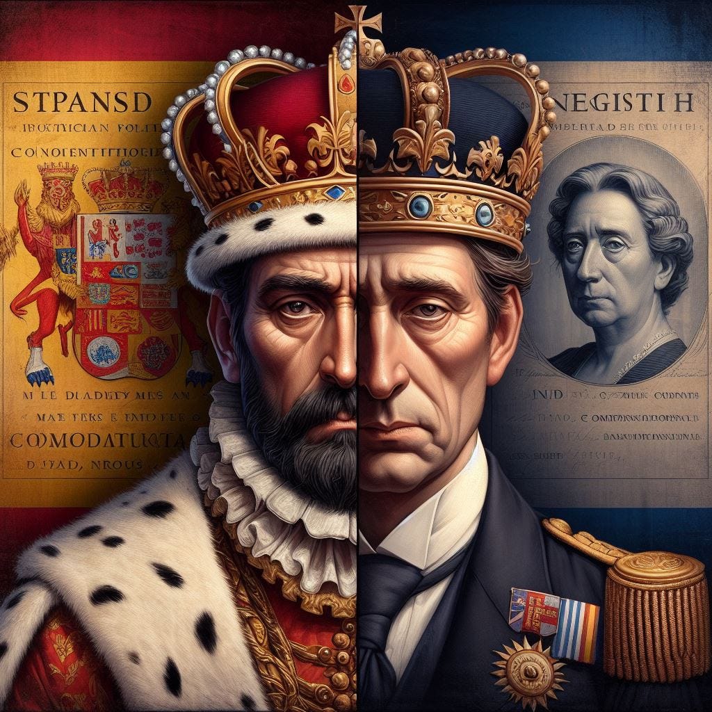 Create an image of two kings, one on each side of the image, one spanish, one british, the spaniard stern, political, constitutional, gloomy, sad, nervous, the englishman kind, compassionate, caring, digital art