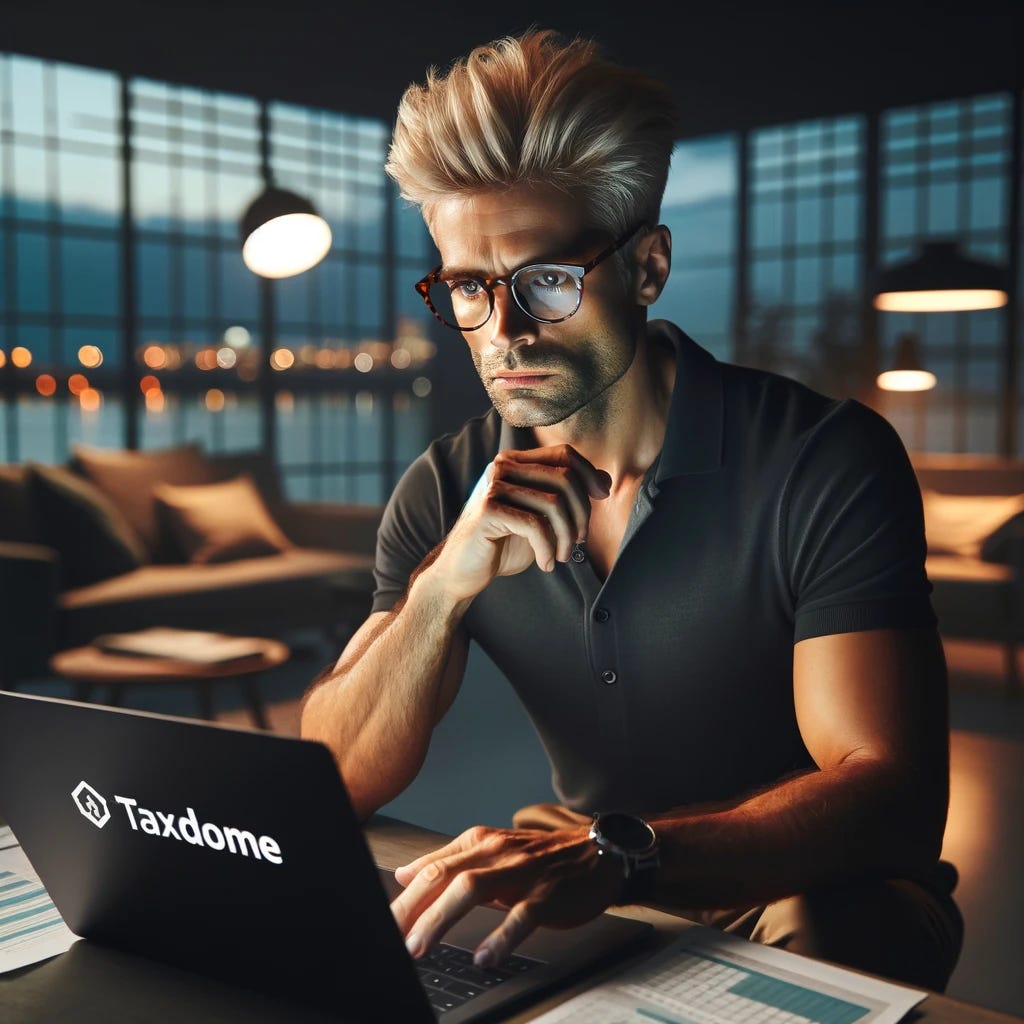 Visualize a 40-year-old male tax professional with platinum blonde hair, looking deeply concerned as he reviews data on his computer screen. He is dressed in a casual but neat outfit of a dark polo shirt and khaki pants. His stylish tortoise shell glasses accentuate his intense, worried expression. He is seated in a modern home office with a sleek design, featuring minimalist furniture and a large window showing a city view at dusk. The TaxDome logo is prominently displayed on his laptop screen, adding to the context of his concern. The atmosphere is tense, highlighted by the dim lighting and the serious look on his face as he contemplates the information before him.