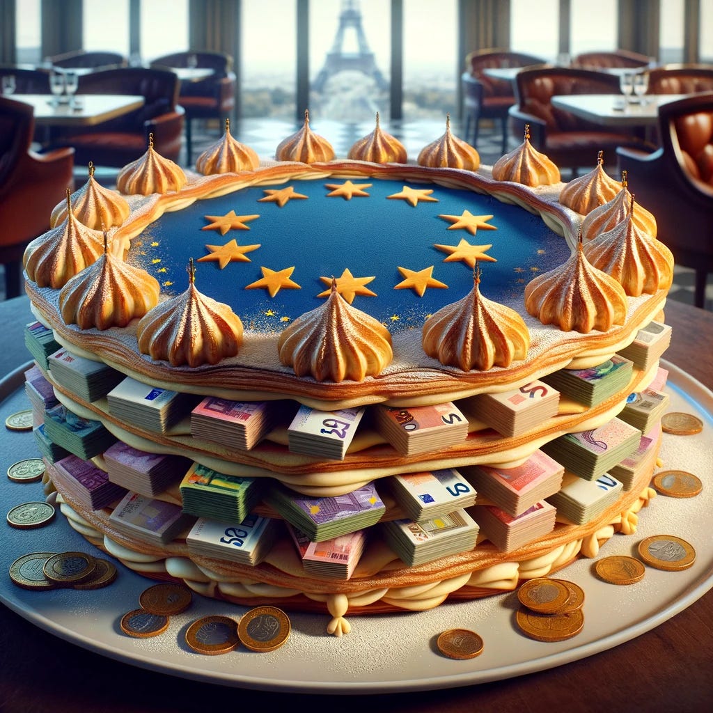 A realistic depiction of a European mille-feuille pastry, with each layer intricately stuffed with various forms of currency, emphasizing money from lobbyists. The pastry prominently features the European Union insignia, such as stars, integrated into the design of the top layer. Euros, pounds, and other European currencies are visible between the flaky layers. The setting is a refined European cafe, with the Eiffel Tower subtly in the background. The scene aims to both entice and provoke thought on the financial influences in European politics.