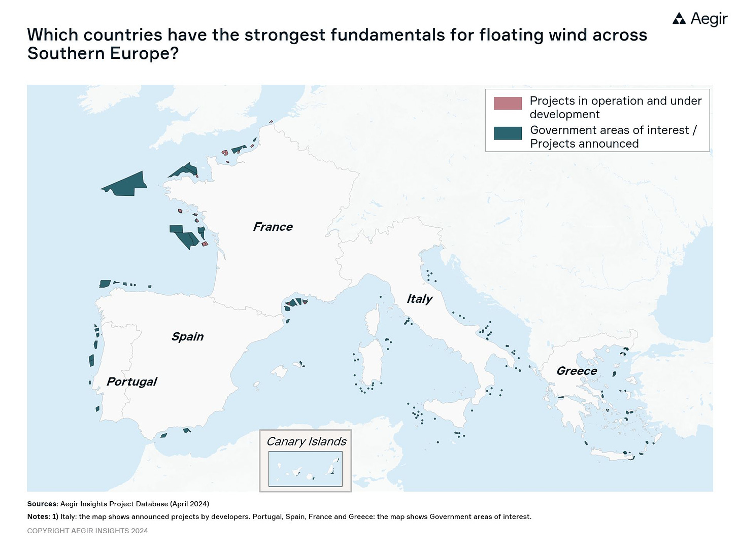 Map by Aegir Insights, showing Southern Europe and offshore wind projects either in operation/under construction or government areas of interest/project announces across Portugal, Spain, France, Italy and Greece