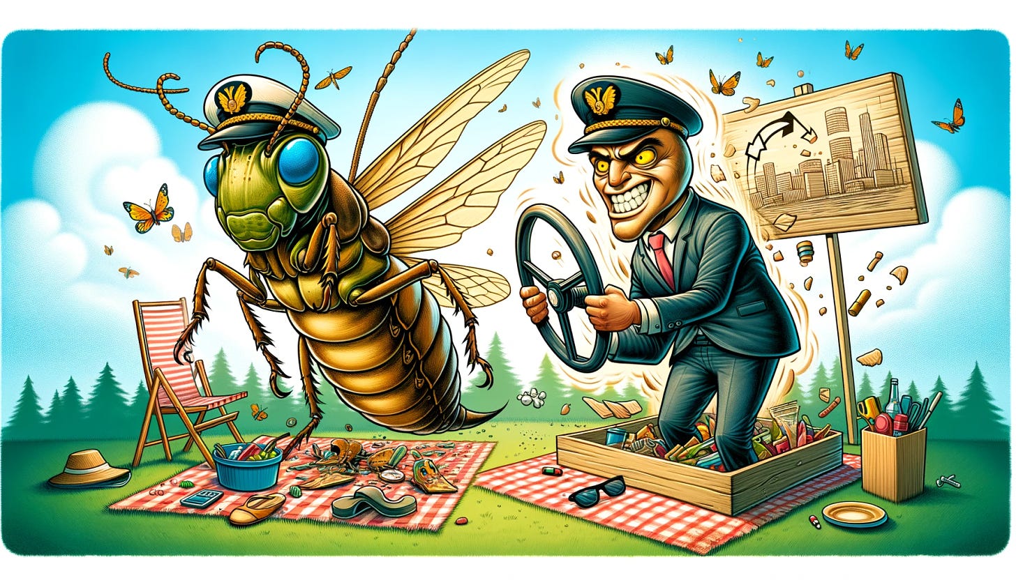 Create a humorous and whimsical illustration in a rectangular format. The image depicts a giant locust, cartoonish and exaggerated, wearing a captain's hat and holding a steering wheel, symbolizing control. The locust is transforming into a confident, cartoon businessman, also holding a steering wheel, representing a shift from an external to an internal locus of control. The background shows a chaotic picnic scene turning into a well-organized business environment. The style is vibrant and playful, appealing to a wide audience.