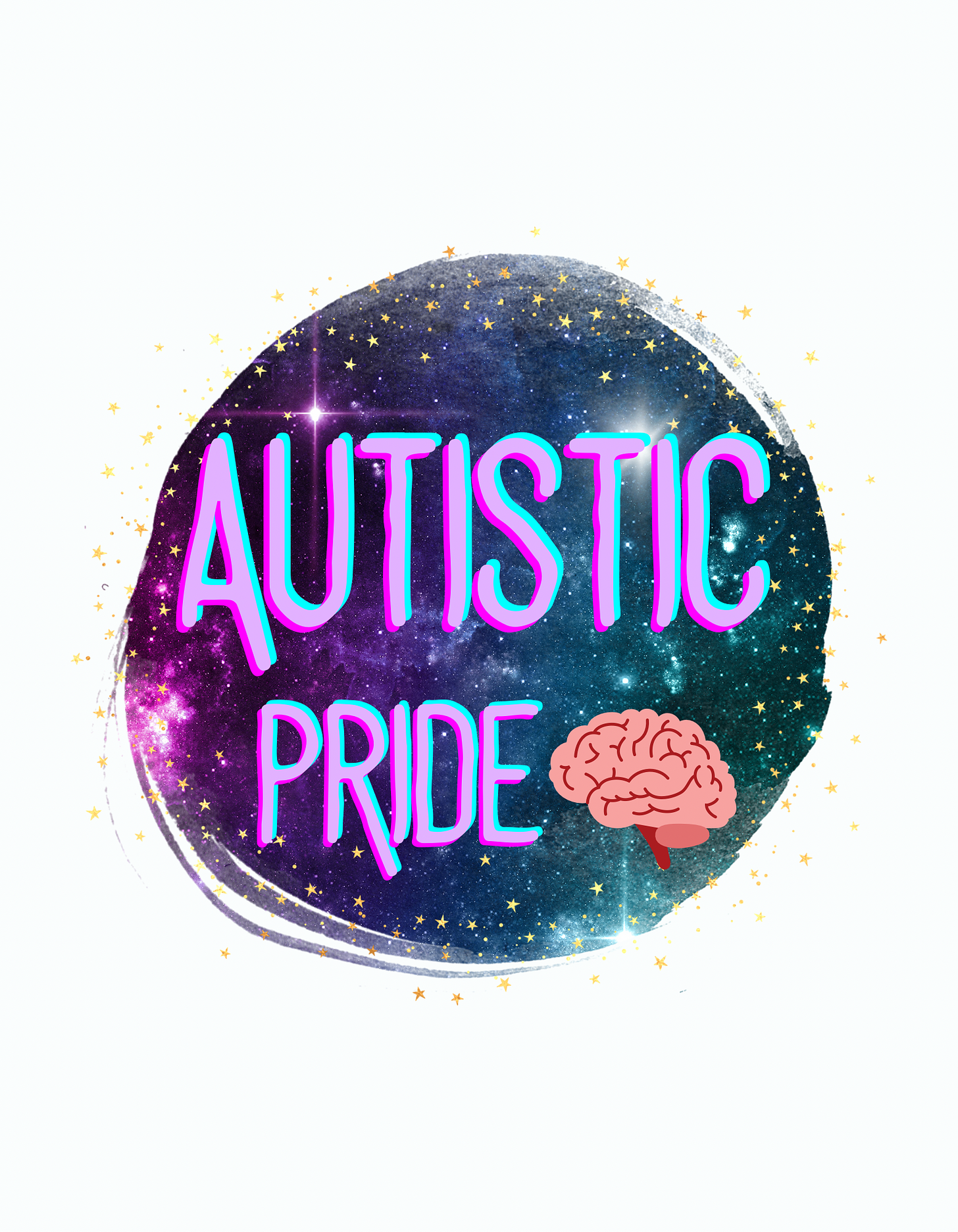 the words Autistic Pride Appear in Purple and Pink on a stary circle background