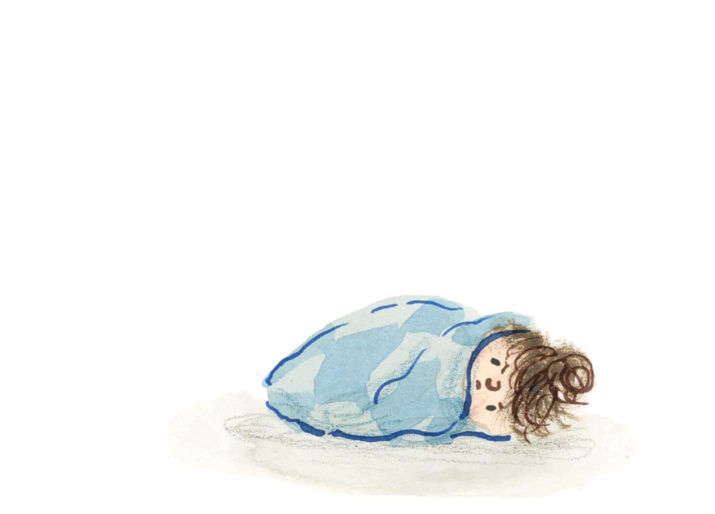 A young caucasian girl, wrapped tightly in a blue blanket lies on the floor looking annoyed. Illustration by Nanette Regan