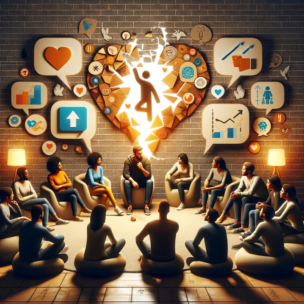 An empowering and relatable image that illustrates 'Vulnerability as Strength'. It shows a leader in a casual, open posture, sharing a personal story with their team in a cozy, informal setting, perhaps seated in a circle on comfortable chairs or bean bags. The atmosphere is warm and inviting, with soft lighting that creates a safe space for sharing. Around them, team members are engaged, some nodding in understanding, others showing expressions of encouragement and solidarity. Visual elements such as a broken wall symbolizing the breaking down of barriers, and speech bubbles containing icons of hearts and light bulbs, indicate a flow of honest communication and new ideas. This scene conveys the message that being open about one's vulnerabilities fosters a culture of trust, encourages open dialogue about challenges, and strengthens team bonds.