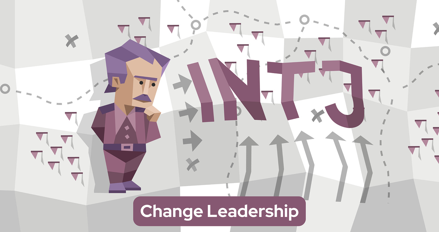 An INTJ man with purple hair and mustache, wearing a purple suit, stands in a thoughtful pose. To his right, the letters "INTJ" are prominently displayed. The background features various symbols, such as arrows and dashed lines, suggesting complexity and strategic thought.