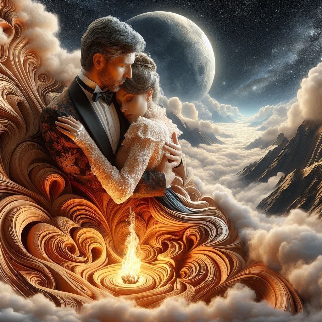  5d angle glass waterfall with with a small fire in it over image of  Birchwood/rosewood handsome middle aged  man hugging woman in high lace collar /water in resin/ soft, beautiful/honey-wood and copper/ Marquetry, verdigris. mountain / fluffy cloud floating low in foreground / honey-gold-swirl/surrounded by copper pipes .REFLECTED/ Inspired by style of Jeffrey Catherine Jones /backdrop of swirling clouds under moon.black starry sky / love/ bliss