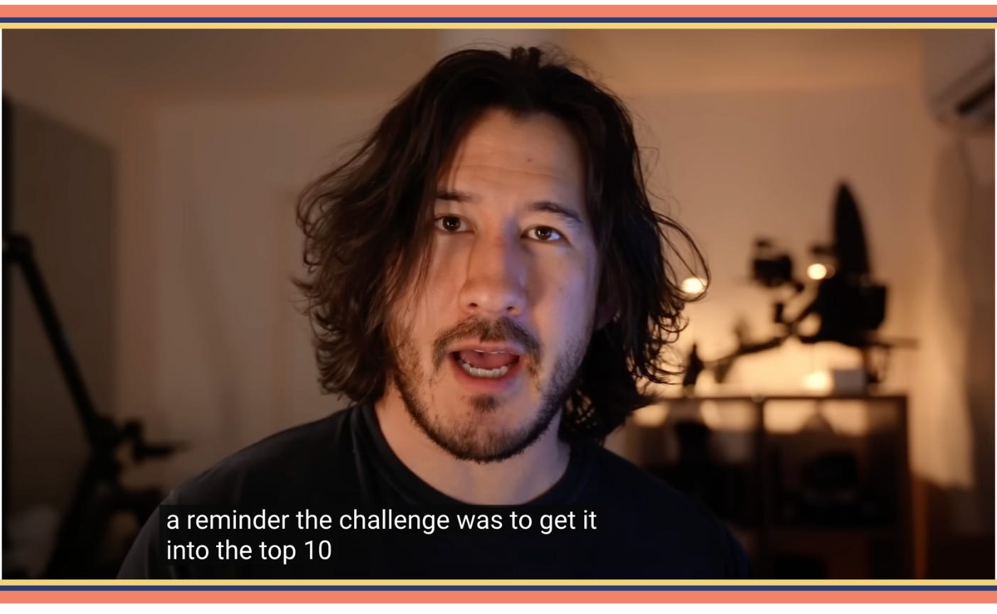 Gamer Markiplier promoting his show The Edge of Sleep on Amazon Prime. Closed caption says "a reminder the challenge was to get it into the top 10"