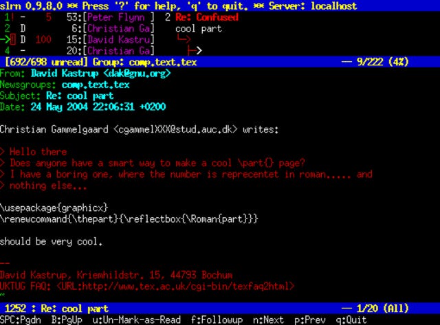 A screenshot of Slrn, an open-source newsreader program used to browse Usenet newsgroups, showcasing its minimalist interface and text-based layout. A screenshot of Slrn, an open-source newsreader program used to browse Usenet newsgroups, showcasing its minimalist interface and text-based layout.