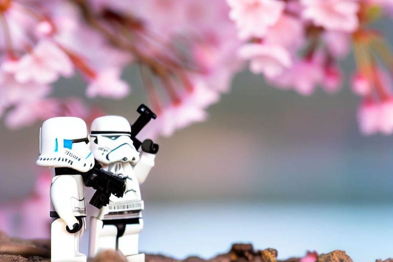 Lego stormtroopers admiring sakuras.