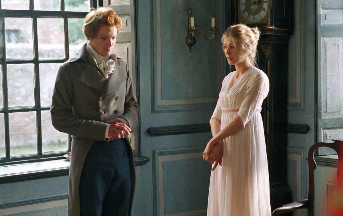 Jane Bennet and Mr. Bingley stand awkwardly and silently in the Bennets' sitting room. 