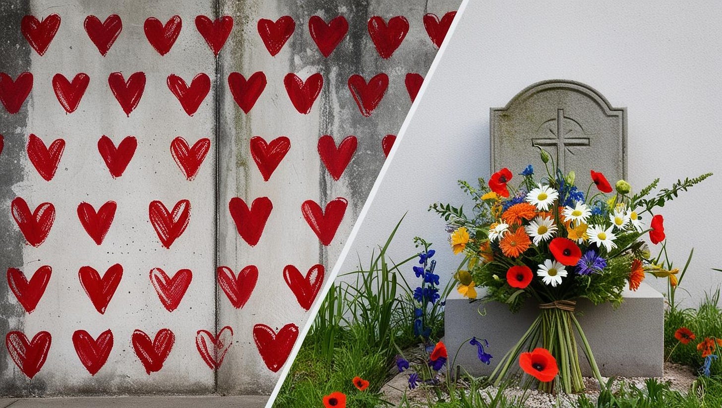 Image split in two diagonally.  On the left is a wall with red hearts drawn on and on the right is a grave stone with wild flowers on.