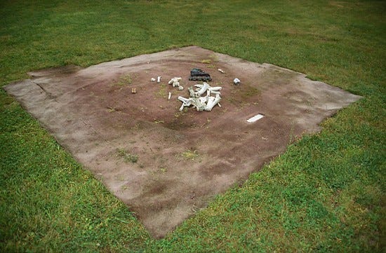A tight shot of a brown clearing in a field of green grass. The clearing appears to be brown strips of blanket or upside down sod, the shape of an irregular square with white wooden branches and/or bones and other matter arranged in the middle.