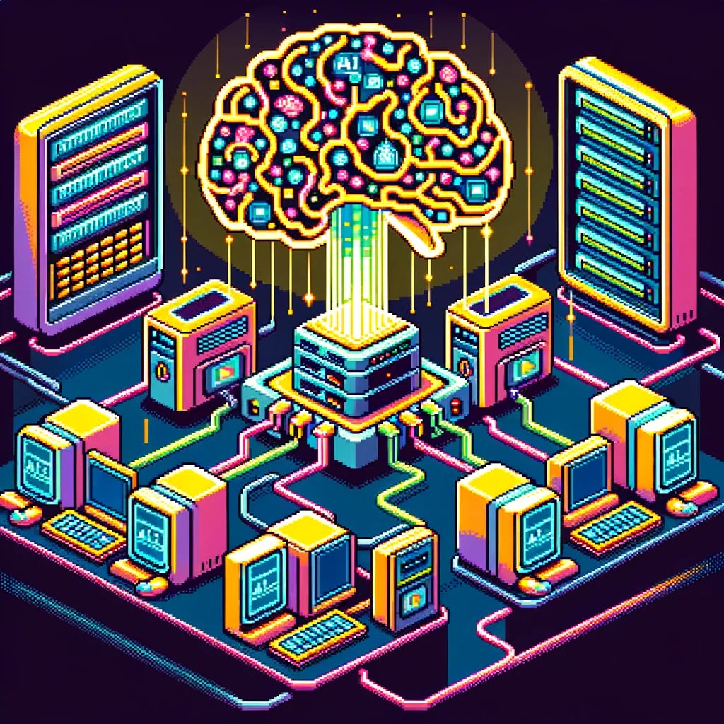 A pixel art style illustration depicting the use of AI over a network. The scene includes several retro-style computers, connected by glowing, stylized network cables to a central server, which is represented with AI-themed imagery like a glowing brain icon or neural networks. The color palette is vibrant and typical of pixel art, with clear, blocky details to emphasize the retro computing theme.