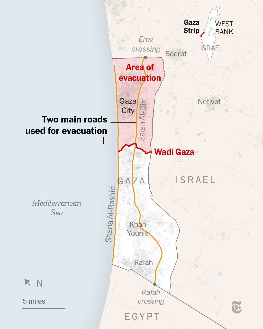 A map of the Gaza Strip showing the northern portion of the territory shaded to indicate the area that Israel said should be evacuated. The map also shows two main roads used for evacuations.