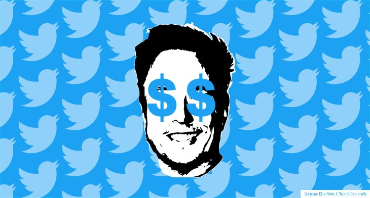 Elon Musk with dollar signs in his eyes, twitter logo pattern in the background
