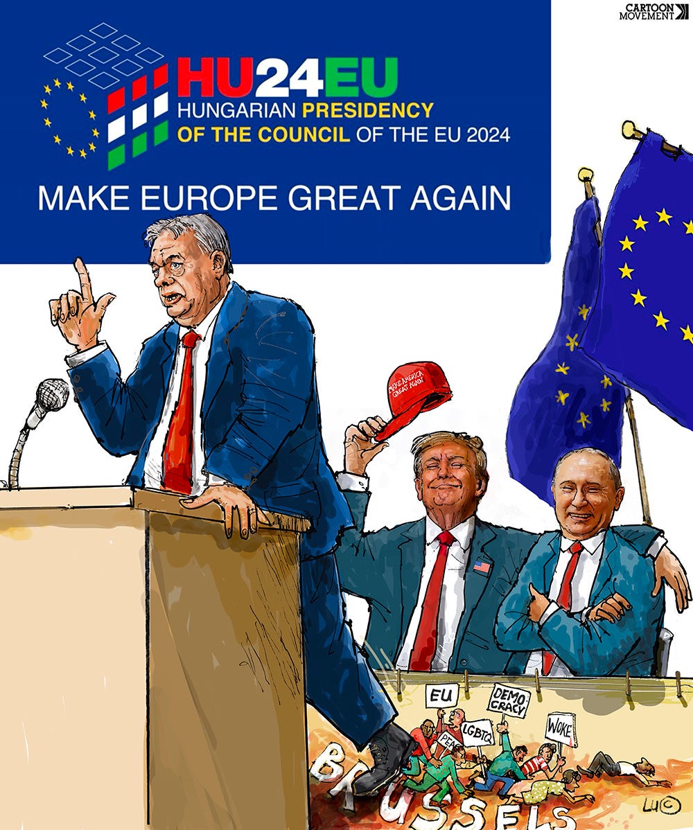 Cartoon showing Orban behind a lectern holding a speech. Behind him, Putin and Trump are sitting and smiling supportively, while beneath Orban's feet are people carrying signs with the texts 'LGBT', 'woke', and 'democracy' are being trampled. Behind him hangs a banner that reads 'Make Europe Great Again'.