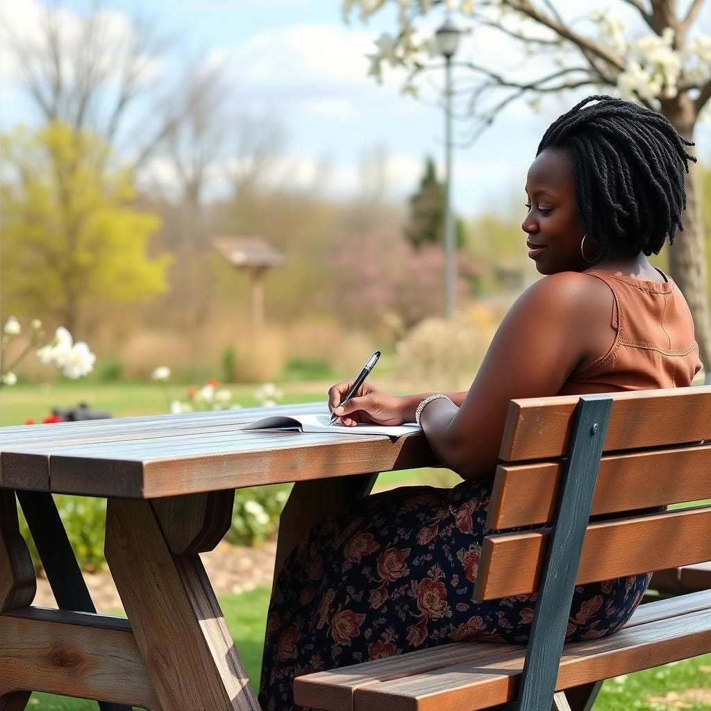 Provide me a realistic image of a African American woman sitting outside on a Spring Day sitting at a bench at a picnic table writing a letter