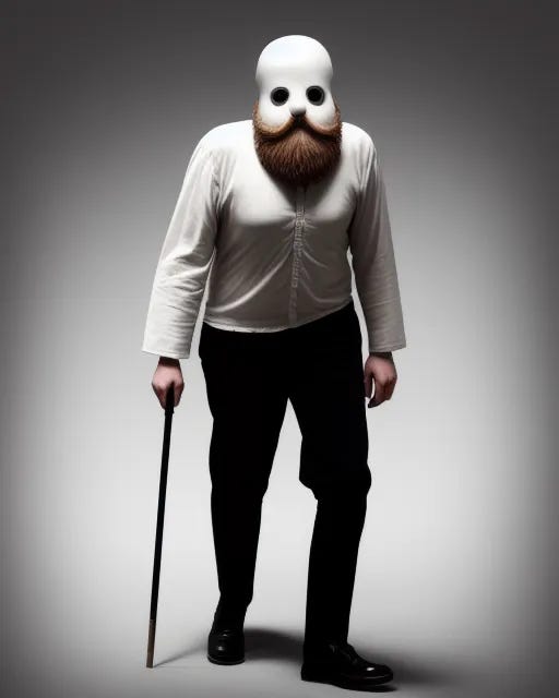 A youthful, bearded white man with no face holds a long, black cane