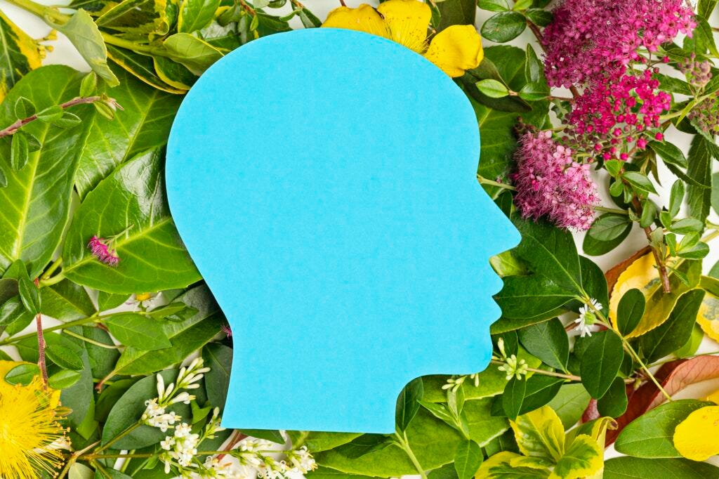 Papercut head with green leaves and flowers. Mental health, emotional wellness, contented emotions