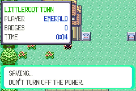 One potential way of knowing if your game is fake, is by saving. At this point in Pokémon Emerald, while the game is trying to save, the audio of the game cuts out for a moment. A legitimate game won't do this (Photo credit: Lucent)