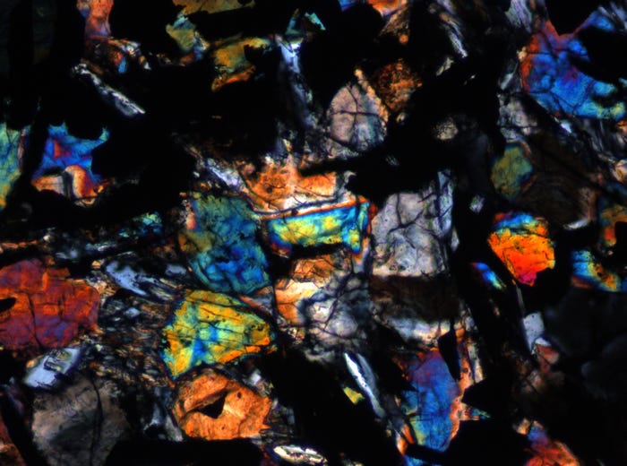 Thin Section Photograph of Apollo 11 Sample 10022,109 in Cross-Polarized Light at 10x Magnification and 0.7 mm Field of View (View #2)