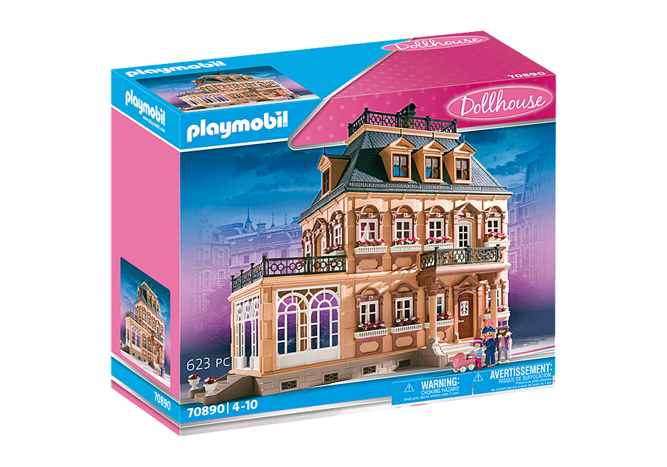 Blue and pink box for Victorian Playmobil dollhouse, featuring three-story brown Haussmannian-style mansion. 