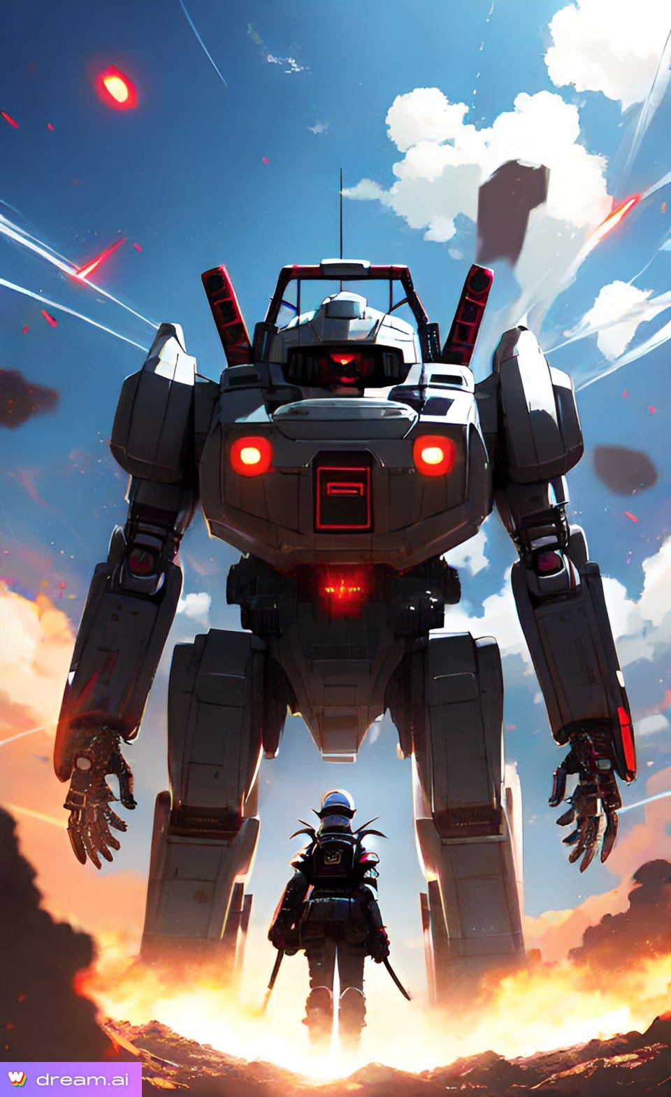 anime-style image of a small figure in a rocket suit before an enormous killer robot