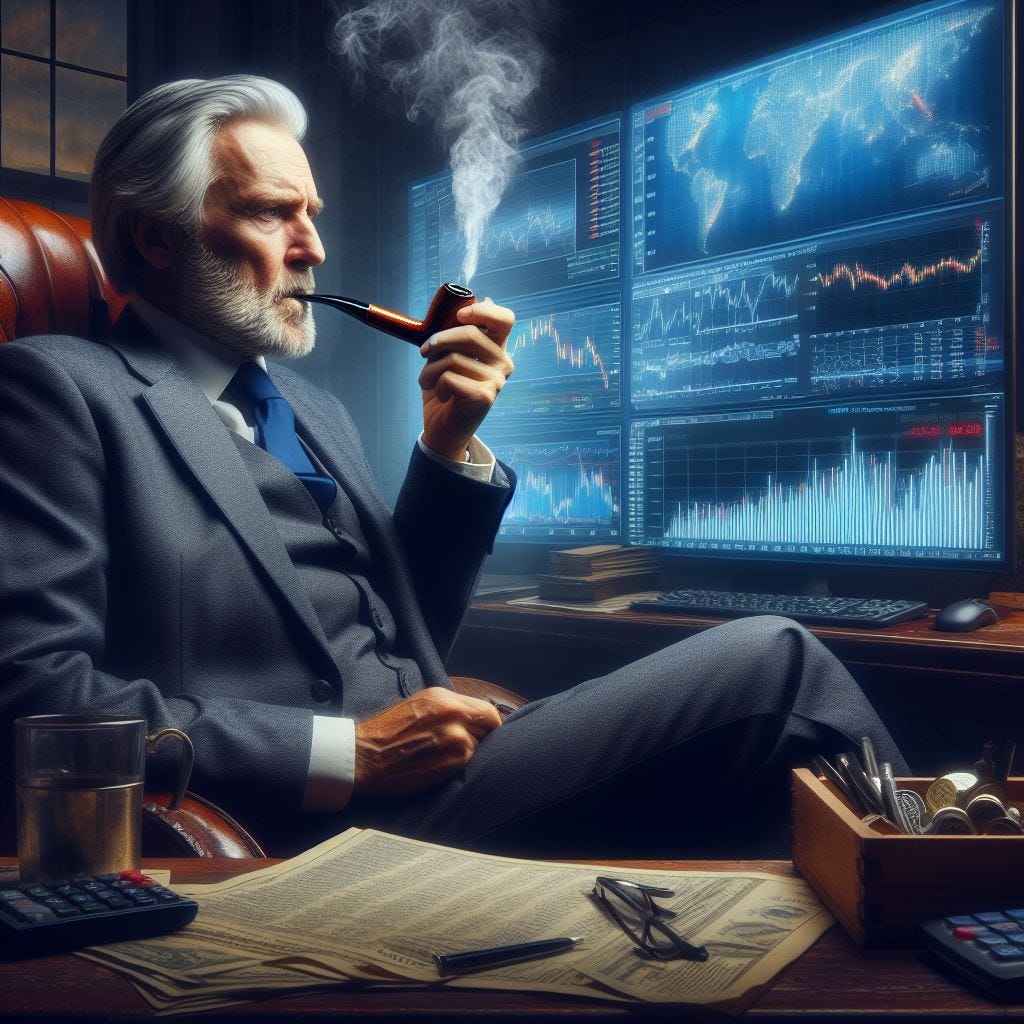 an investor calming looking at the news as markets become volatile, smoking a pipe