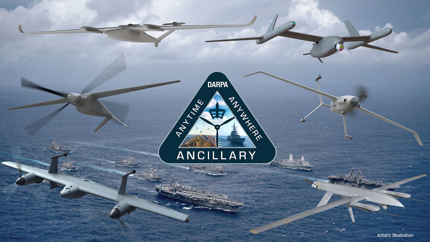 Design concept showing all six X-plane contenders. Clockwise from lower left: Sikorsky, Karem Aircraft, Griffon Aerospace, Method Aeronautics, AeroVironment, Northrop Grumman