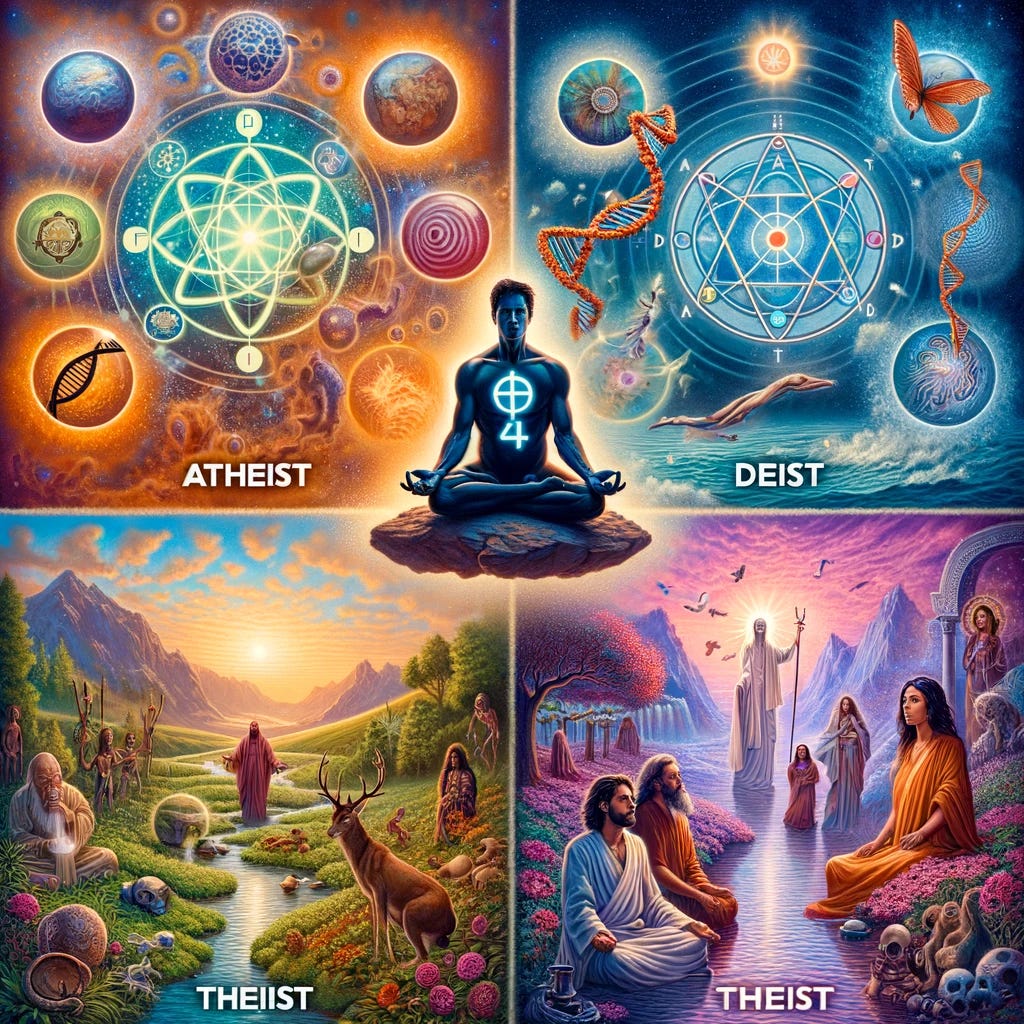 A symbolic representation of four different belief systems in separate quadrants. 1. Atheist: An individual surrounded by scientific and technological elements like atoms, DNA strands, and a digital background, symbolizing a belief in the physical world without any deity. 2. Deist: Another individual with elements like a clockwork universe, a distant deity symbol, and a neutral, serene background, indicating a belief in a non-interventionist deity. 3. Animist: An individual in a vibrant natural setting, surrounded by animal and plant spirits, reflecting a belief in the spirituality and consciousness of all natural things. 4. Theist: An individual in a spiritually rich environment with various religious symbols, representing a belief in a personal, interventionist deity.