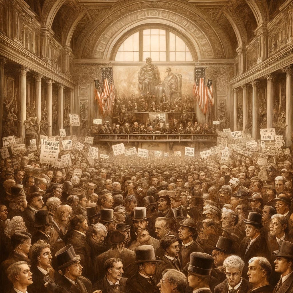 An imaginative, detailed illustration set in a large, grand hall reminiscent of early 20th century architecture, filled with a bustling crowd of people representing various societal groups, all passionately expressing their opinions and desires. The focus is on a group of Federal Reserve officials, easily identifiable by their distinct, formal attire, who are surrounded by this sea of citizens. The citizens are holding signs and banners, some pleading and others demanding, for lower interest rates, with clear indications of an upcoming election through symbols like ballots and campaign buttons. The Federal Reserve officials are depicted in the center, consulting among themselves, under the watchful eyes of statues and paintings that symbolize the weight of historical economic decisions. The atmosphere is charged with the tension of political pressure, and the entire scene is rendered in rich, sepia tones to evoke a timeless, historical feel, blending the lines between past and present.