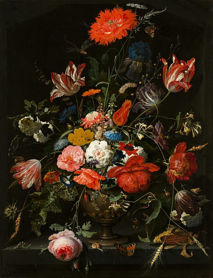 Artwork- A large basket of beautiful flowers.