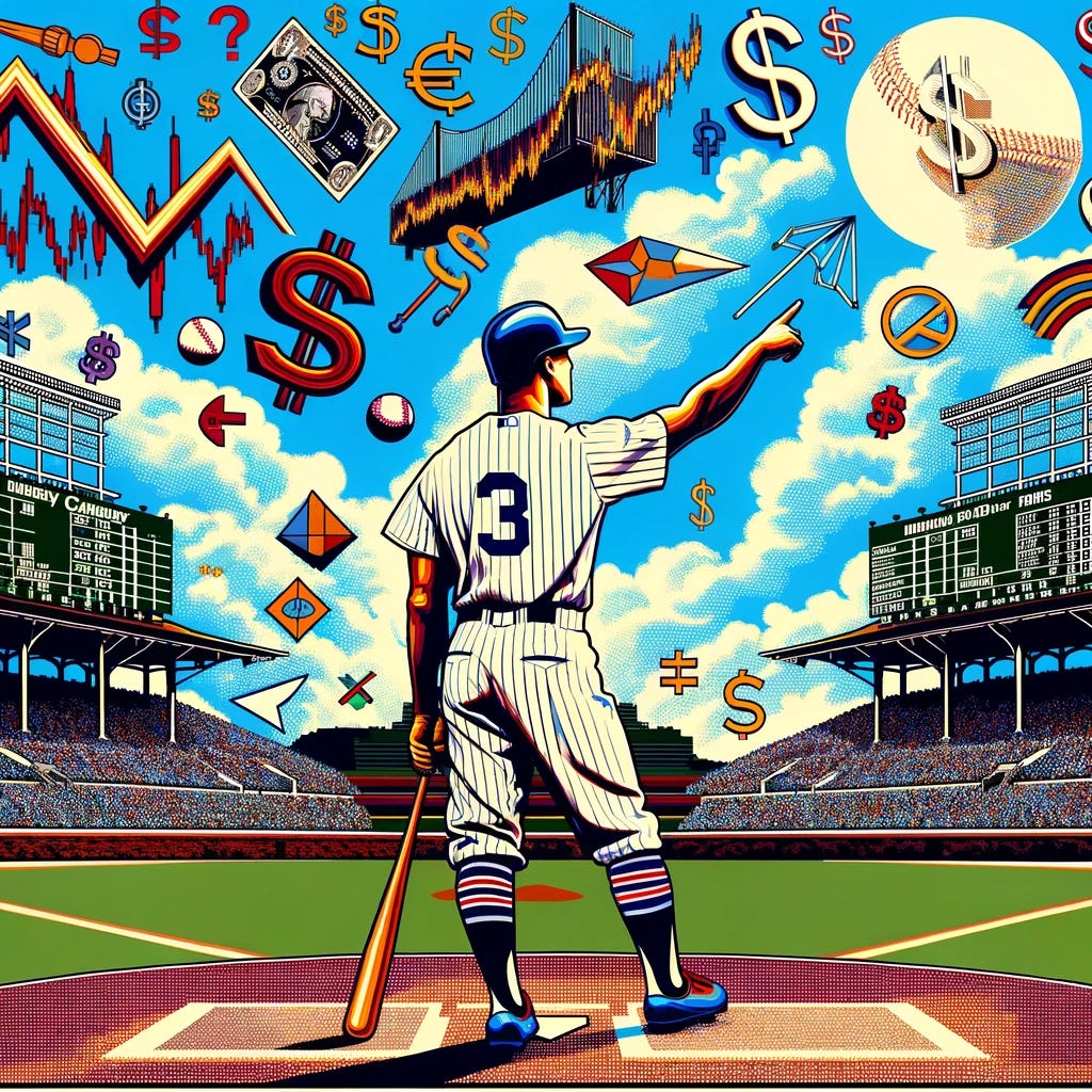 Recreate the previous image, integrating the themes of finance, baseball, and the iconic Wrigley Field in a pop art style, but with a specific modification. In the foreground, a baseball player, symbolizing historic figures but not resembling any specific individual, stands at home plate in a recognizable Wrigley Field setting. He's pointing towards center field with his bat. The player is dressed in a traditional baseball uniform, and importantly, the number '3' should be clearly visible on the back of his uniform. The defining feature of Wrigley Field, the ivy-covered brick outfield wall, is prominently displayed in the background. The sunny sky above is artistically filled with abstract symbols of finance, such as stock market graphs, currency symbols, and mathematical equations, all depicted in a vibrant, pop art manner with bold colors and dynamic compositions.