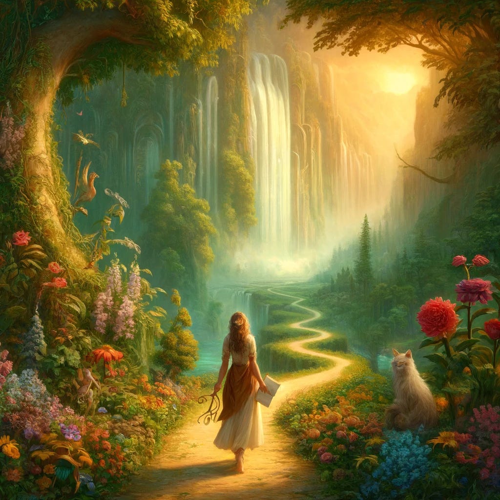 Picture The Wounded Dreamer walking along a winding path that leads through a lush, vibrant part of Mirrormere's forest, symbolizing her journey of healing and self-discovery. The path is flanked by a variety of plants and flowers, each in different stages of growth, representing the various phases of her personal development. In the background, a majestic waterfall cascades down, its water sparkling in the sunlight, embodying the cleansing and renewing aspects of her journey. The Wounded Dreamer walks with a look of determination and introspection, her steps deliberate and her gaze fixed on the path ahead. She carries a journal and a quill in one hand, tools with which she records her thoughts, dreams, and revelations along the way. Her other hand is lightly touching the petals of a blooming flower, symbolizing her connection to the natural world and her appreciation for the beauty and lessons it offers. This moment captures the essence of The Wounded Dreamer's commitment to growth, self-love, and the ongoing process of becoming her most authentic self.