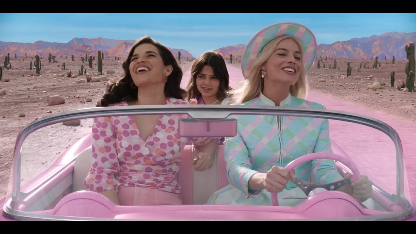 America Ferrera, Ariana Greenblatt, and Margot Robbie having fun on the road.