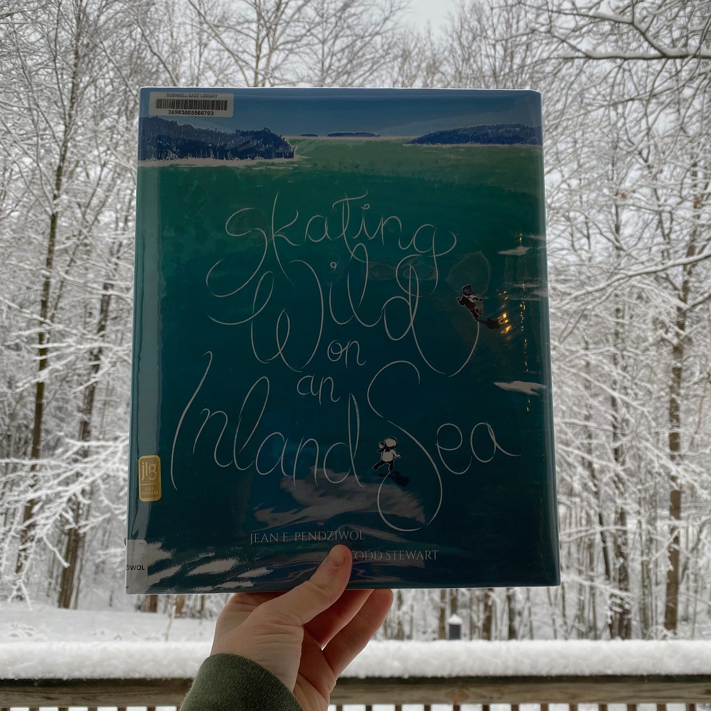 I’m holding this book up against a backdrop of snowy trees.