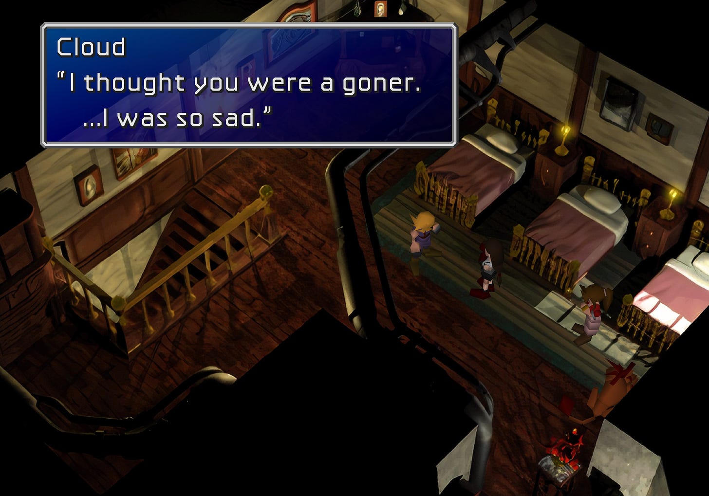 Cloud to Tifa: "I thought you were a goner. ...I was so sad."