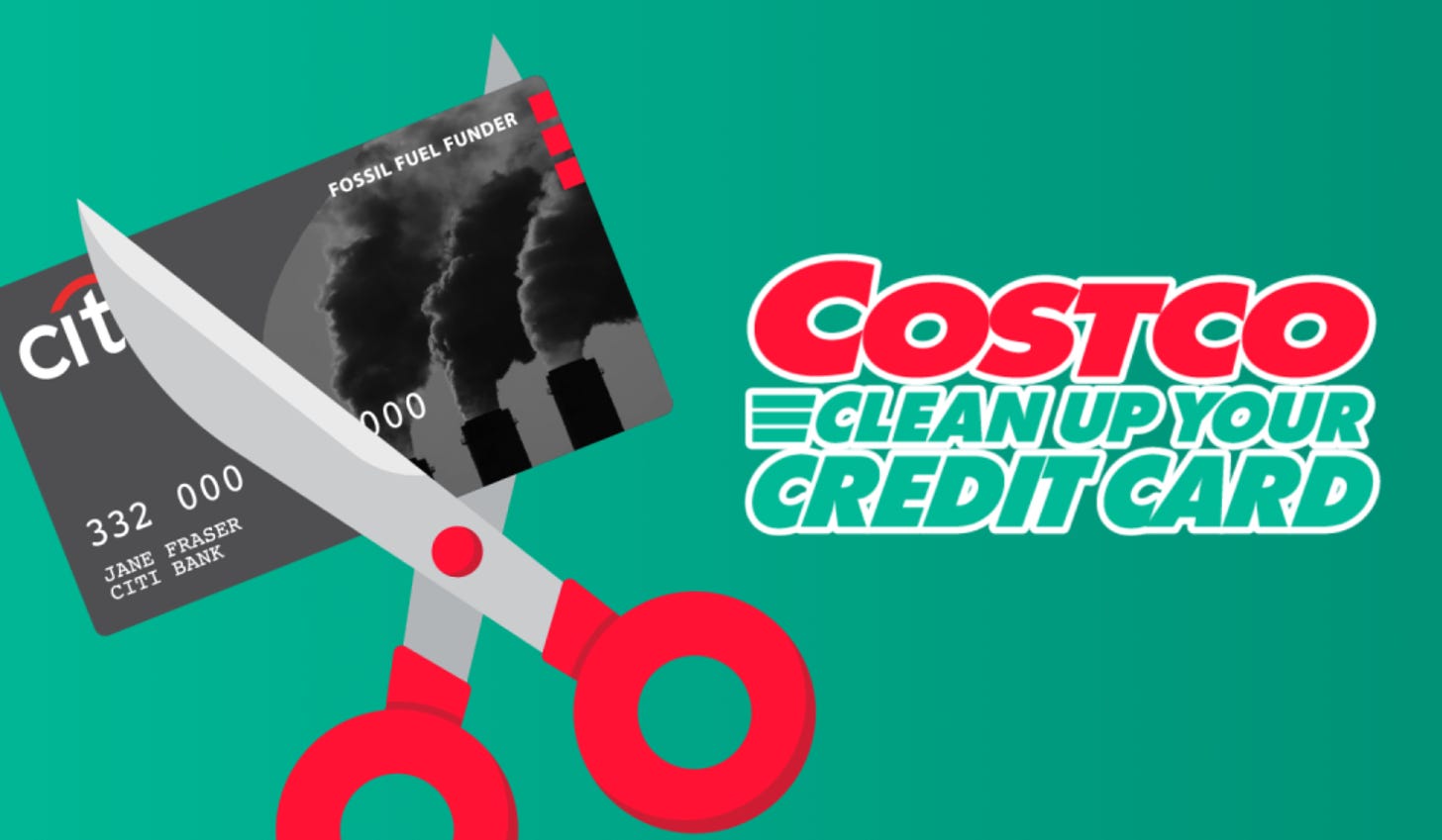 cartoon scissors cutting up Costco credit card, wording "Costco: clean up your credit card"