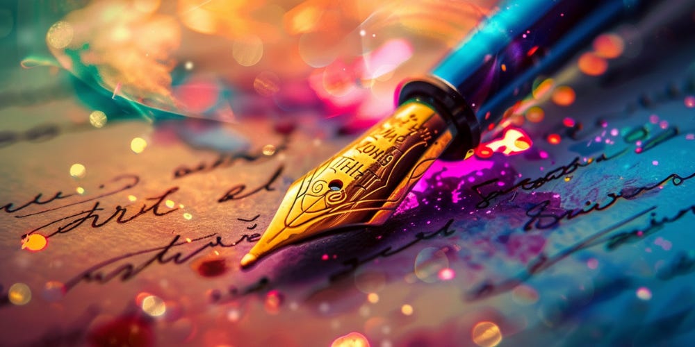 A golden tipped calligraphy pen rests on a journal page. All of it is aglow with magical bursts and swirls of light as though emanating from Spirit.