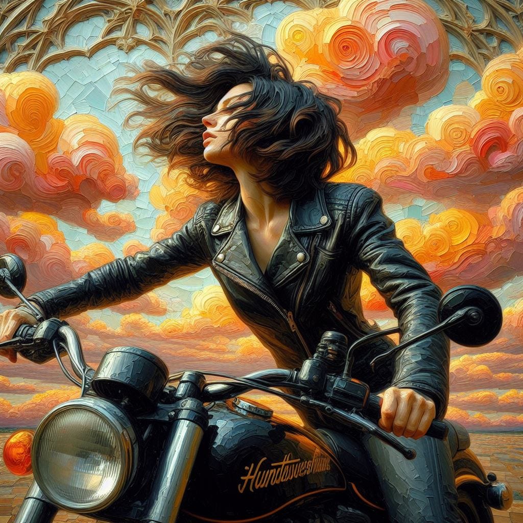 chunky oil painting with chunky paint scraper paint. Hyper realistic; tilt shift; Lensbaby Effect: middle aged dark haired woman black and brown leather motorcycle outfit. short hair blowing. black harley motorcycle. fire painted on it.coral Quatrefoil:cream Gothic Tracery:Louver yellow/chartreuse decorative ceiling tiles.Hundertwasserhaus, Vienna, Austria: .• Grand Central Terminal, New York City, USA. Crystal sky. sunny sky, fluffy clouds. Vast distance. sunshower. radiant