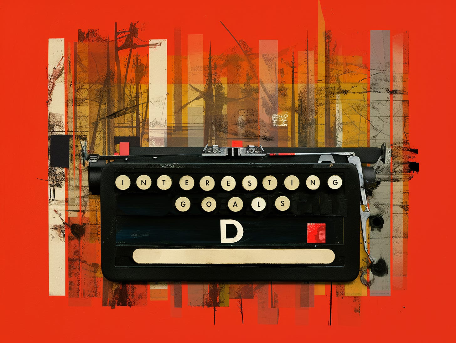 A digital collage of an abstract typewriter with the keys spelling out the title of the newsletter. Interesting Goals.