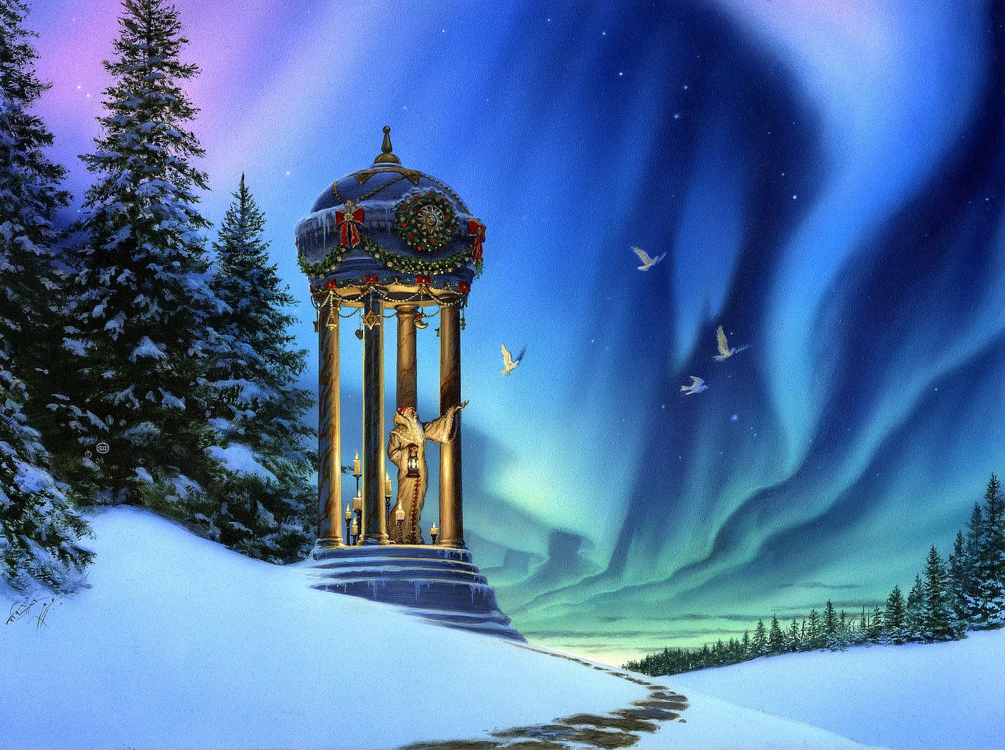 A tiny gazebo with a round dome is set in a wintry scene of snow covered evergreens. Standing among candles there, a wizard gestures and four doves flutter into a sky lit by aurora. The "Northern Lights" are wandering ribbons rising like curtains of light against rich blue of the night sky. The gazebo is decorated for the holidays with a garland and wreath. From a beaded chain strung from the roof, symbols include a bell, a 6-pointed star, a moon, and a heart. Casting light on himself, the wizard holds a lantern in his offhand. His long white beard trails down his chest. He wears a red cap and cream colored robes with fringed bell sleeves. Below the gazebo, a path winds up from the foreground to the gazebo.