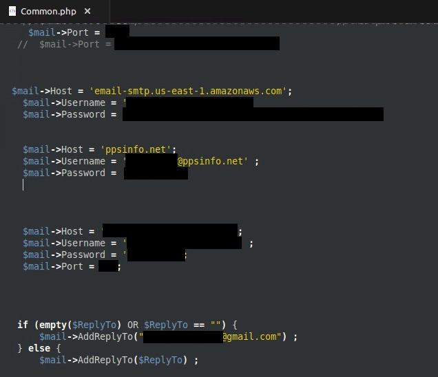 A screenshot of redacted hard coded credentials to some of PPS services.