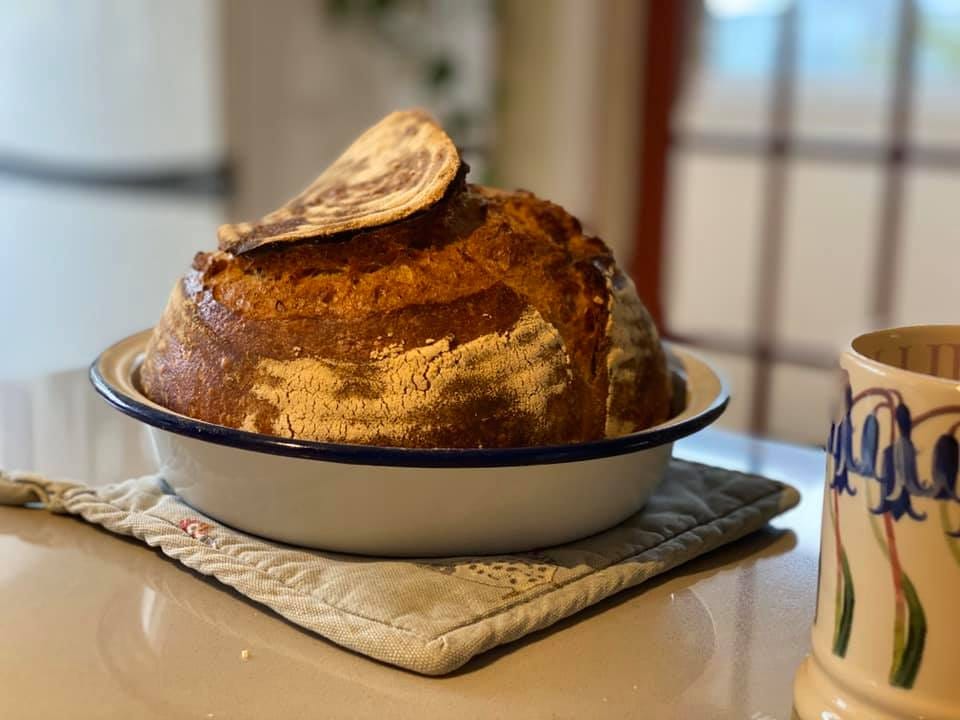 Sourdough loaf in a pie tin.